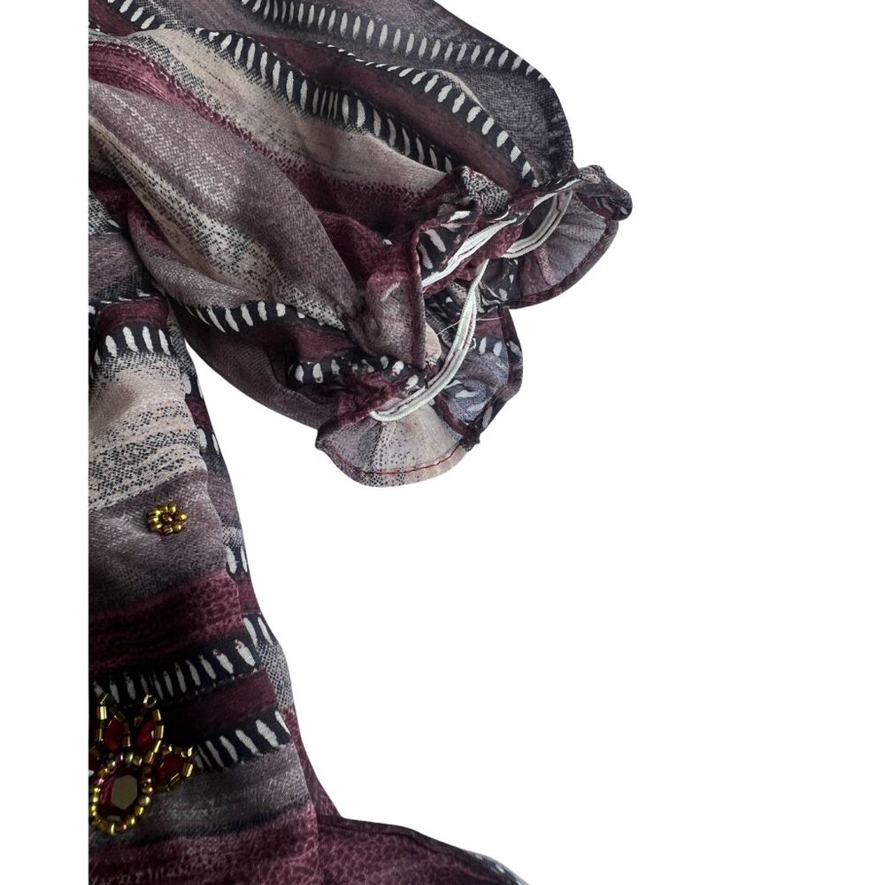 Boho Beaded Striped V-Neck Empire Waist Midi Dress M Burgundy Mauve Puff Sleeve - Picture 5 of 9